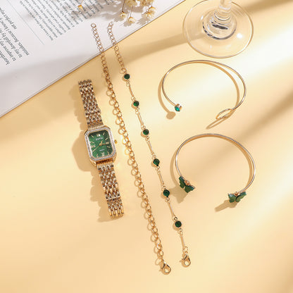 Wild Emerald Square Watch and Butterfly Bracelets 5pcs Set