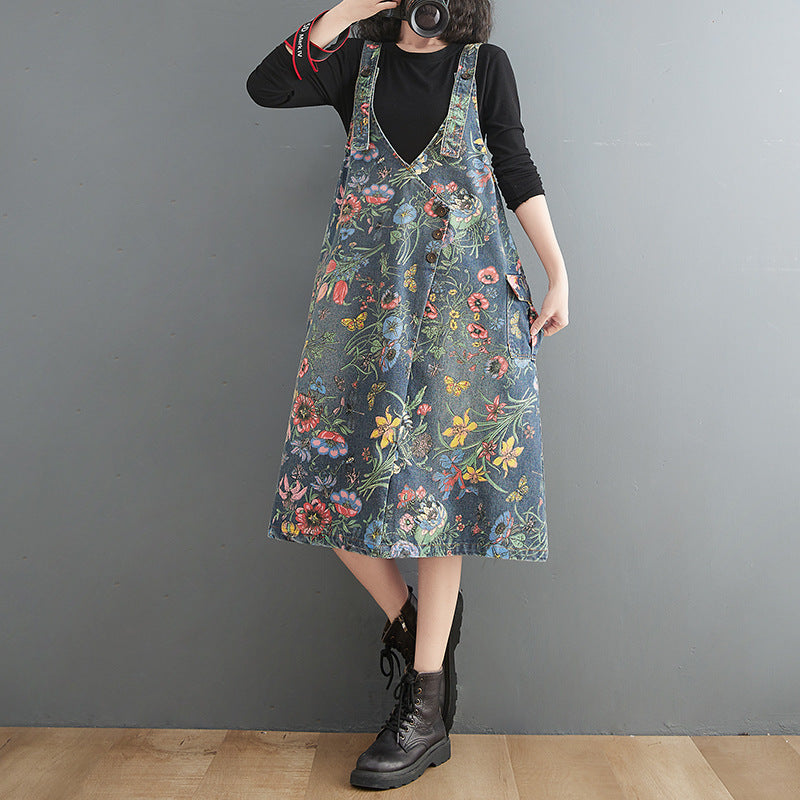 Artistic Style Floral Denim Suspender Skirt